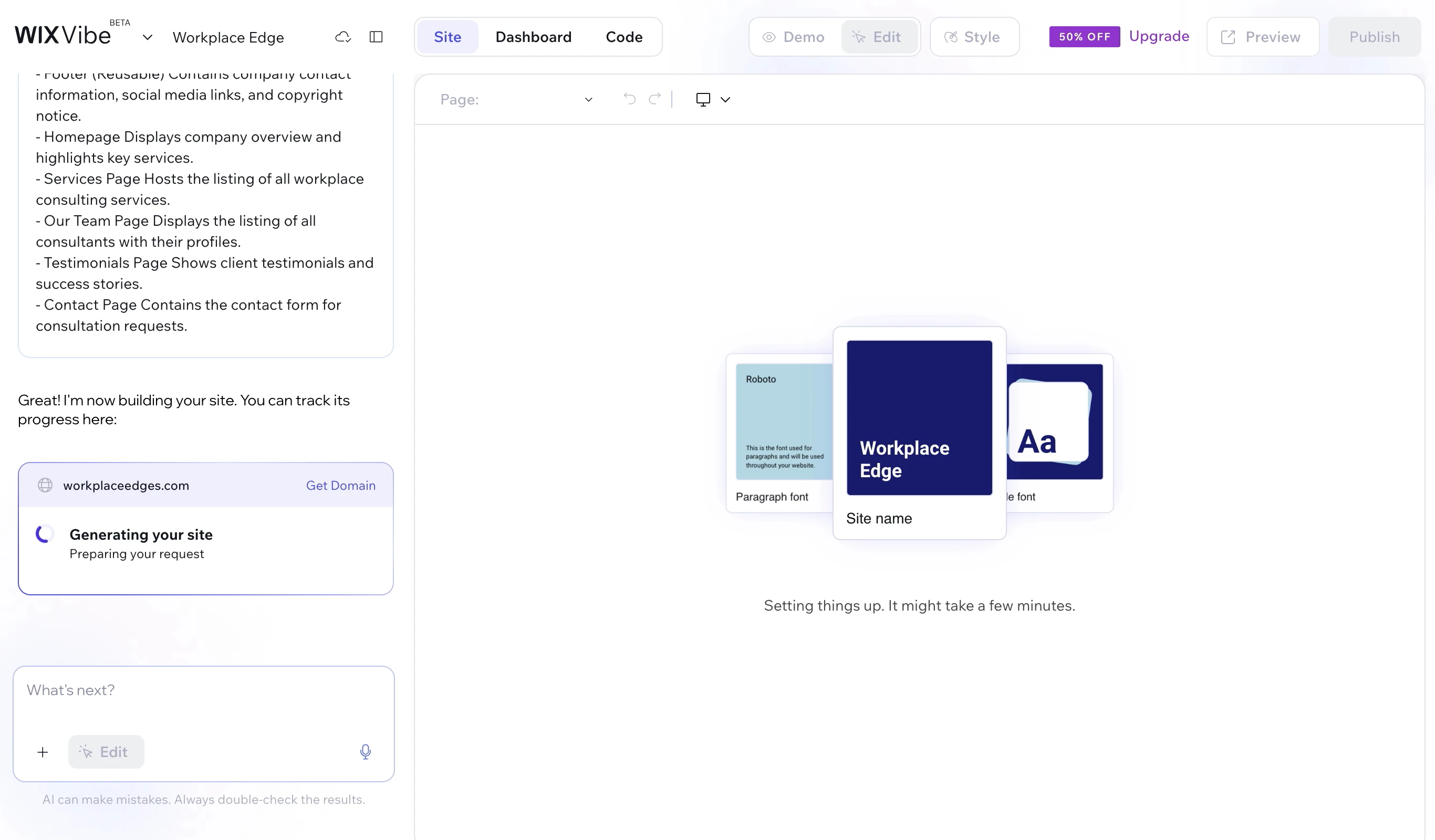 Wix Vibe animation for generating the site